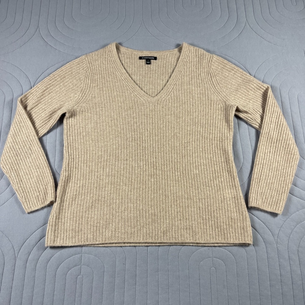41 Hawthorn Sweater Womens Large Beige 100% Cashmere V Neck Long Sleeve Pullover